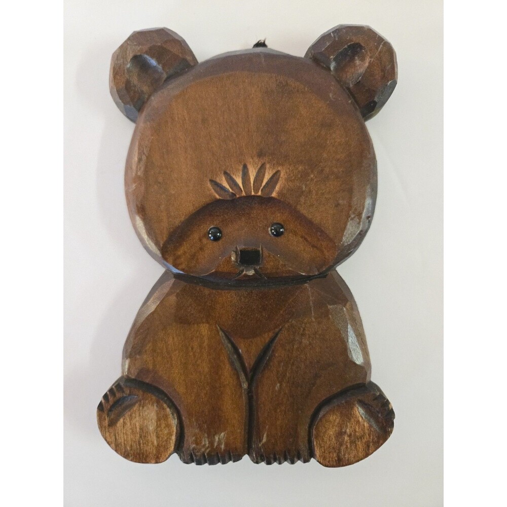 Vintage Ainu Product Carved Bear Cub Wall Hanging Japan Takahashi Wood Signed